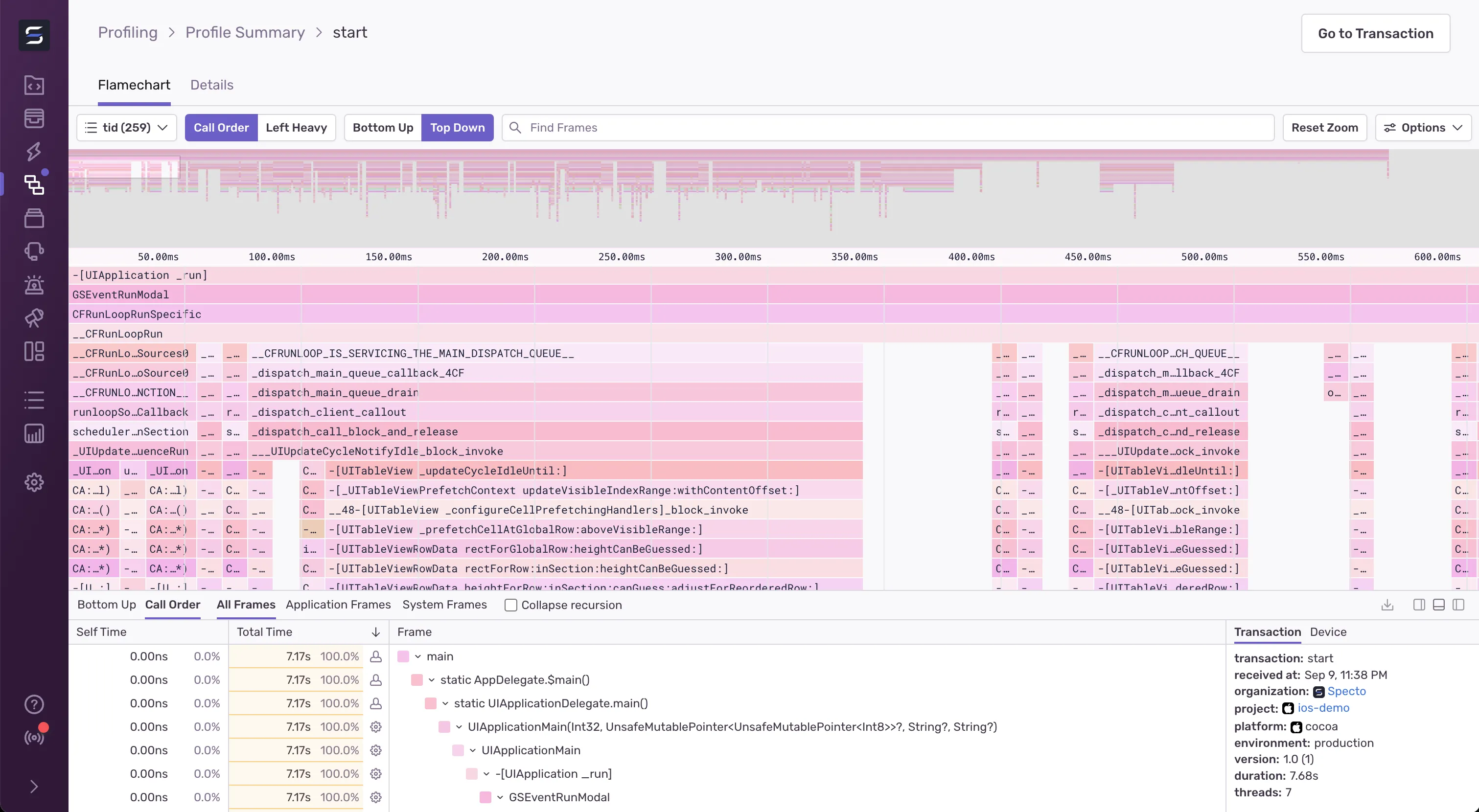 Sentry view of iOS Profile